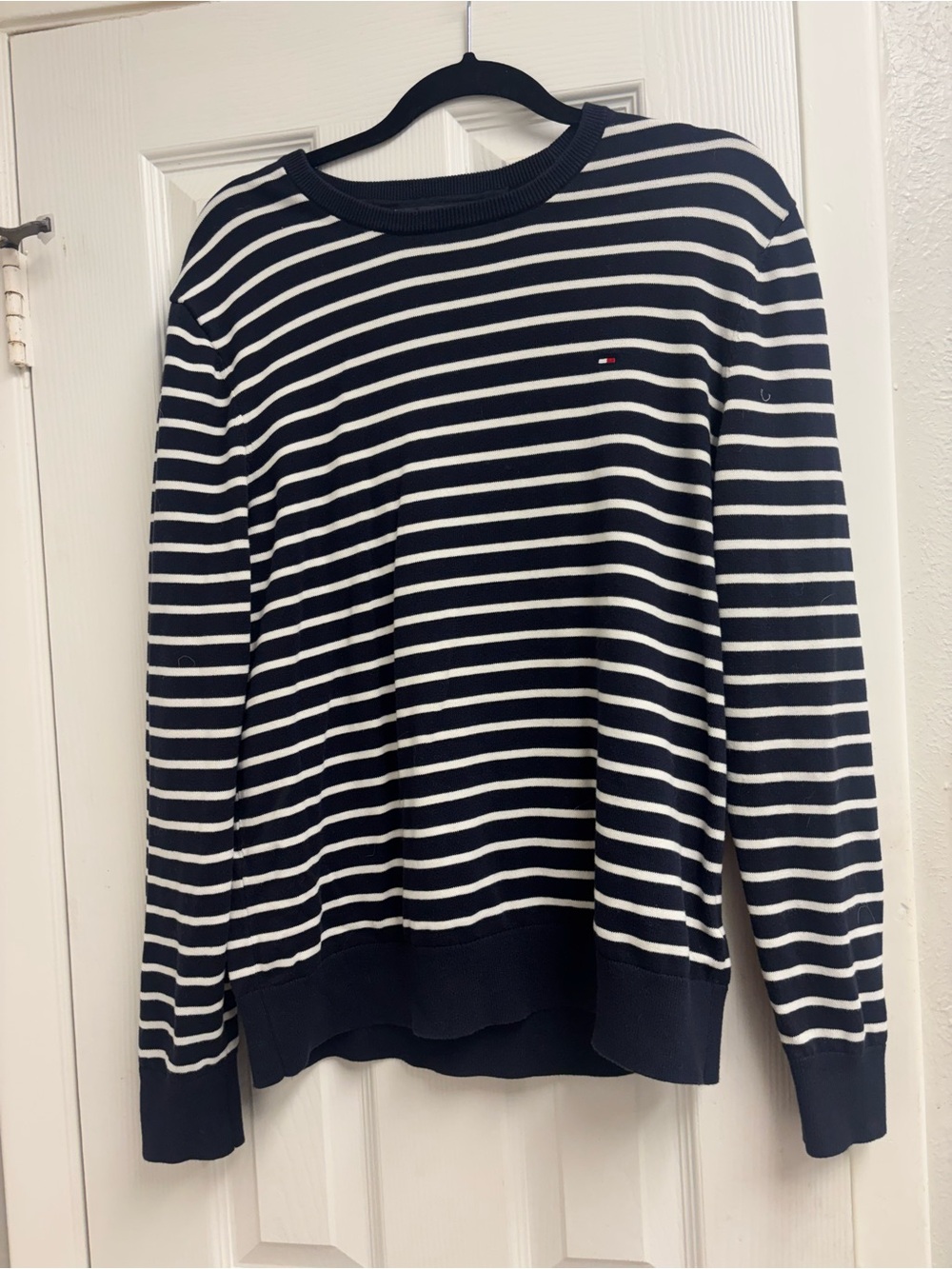 Tommy Hilfiger Men Navy and White Striped Crewneck Sweater